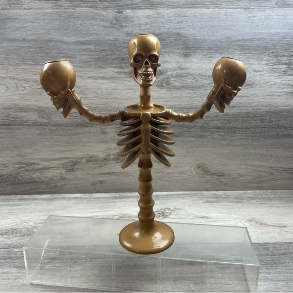 Gothic Halloween Skeleton Skull Candle Stick Holder Decorations 12” Gold Colored - Picture 1 of 9